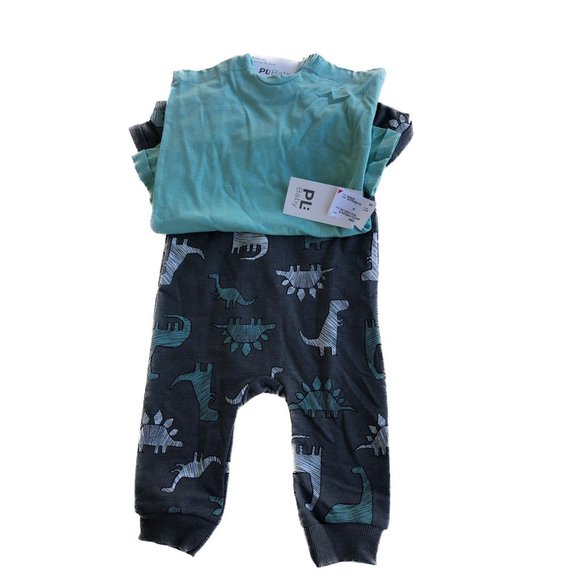 PL:Baby Romper Coverall 2 Pc Set Dark Grey/Teal Dinosaur Design 6M - Picture 4 of 12
